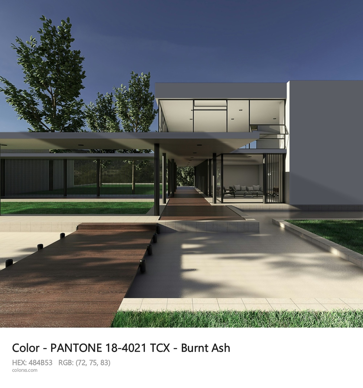 PANTONE 18-4021 TCX - Burnt Ash CMS exterior design modern house with walkway