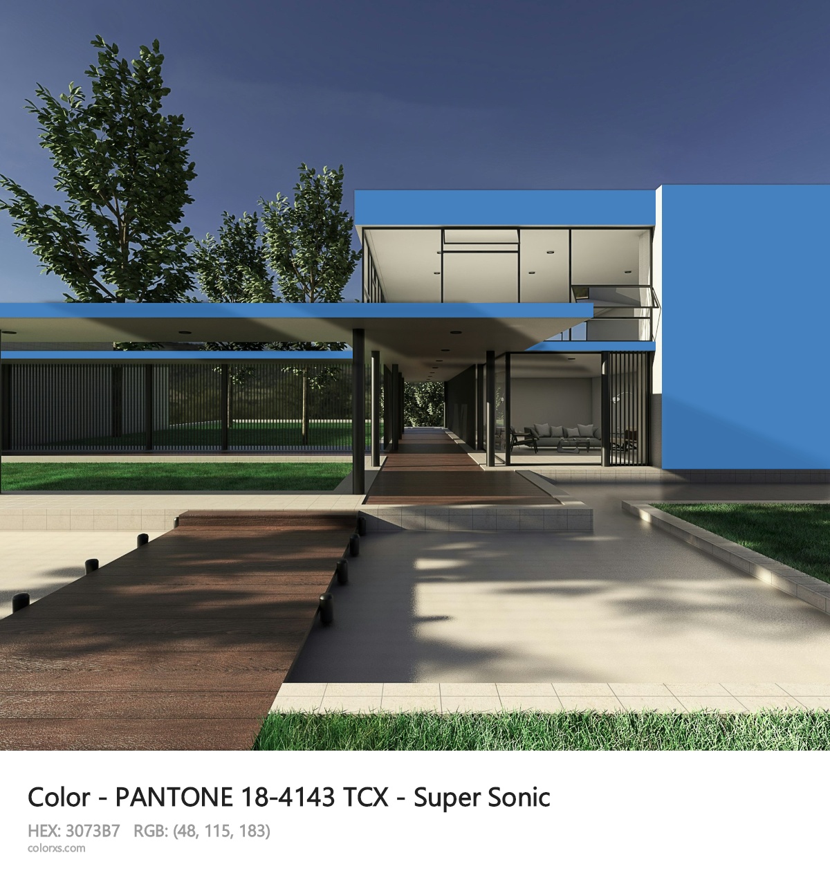 PANTONE 18-4143 TCX - Super Sonic CMS exterior design modern house with walkway