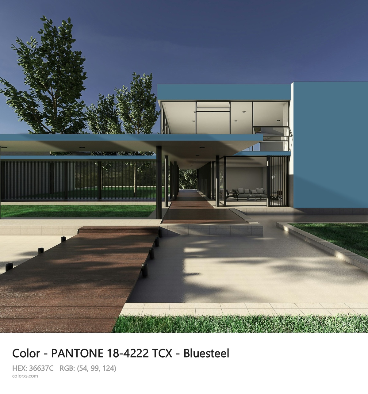 PANTONE 18-4222 TCX - Bluesteel CMS exterior design modern house with walkway