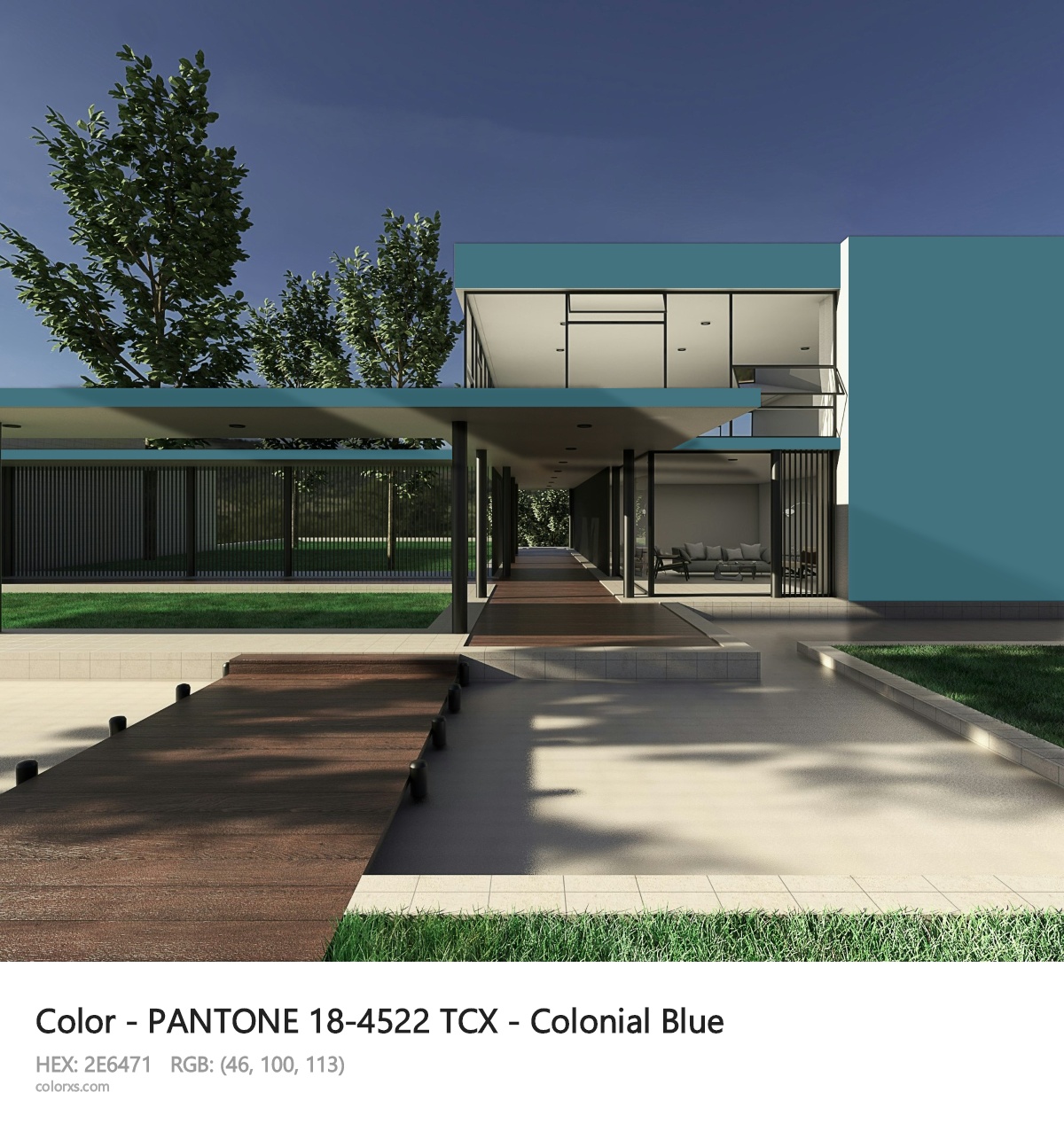 PANTONE 18-4522 TCX - Colonial Blue CMS exterior design modern house with walkway