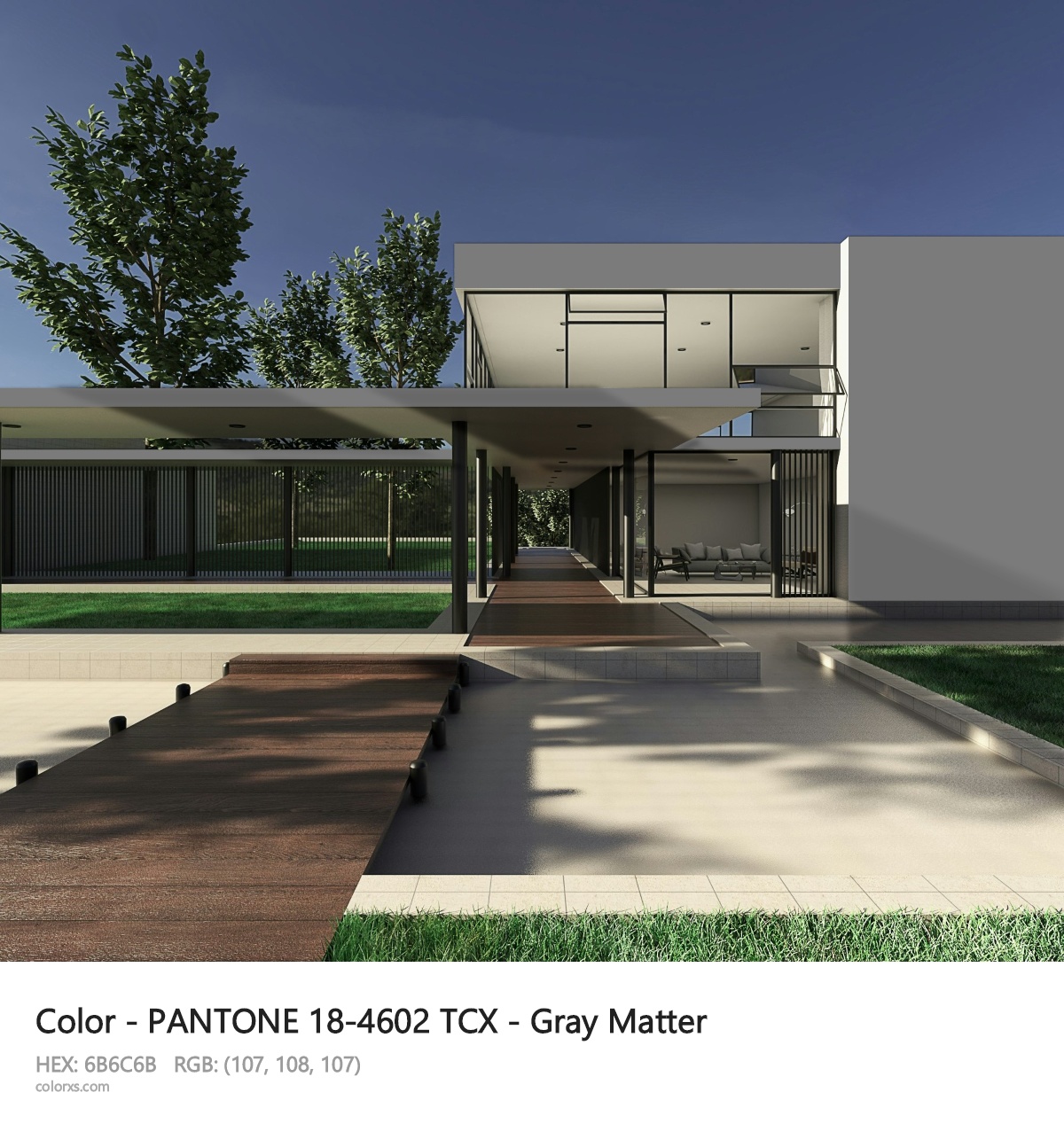 PANTONE 18-4602 TCX - Gray Matter CMS exterior design modern house with walkway