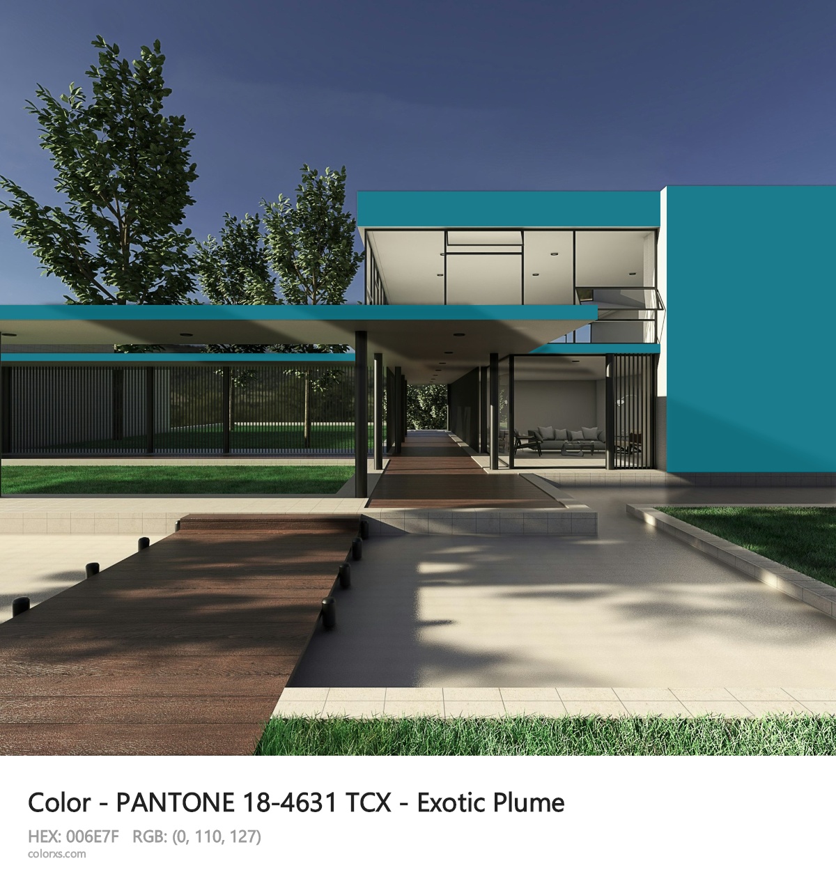 PANTONE 18-4631 TCX - Exotic Plume CMS exterior design modern house with walkway
