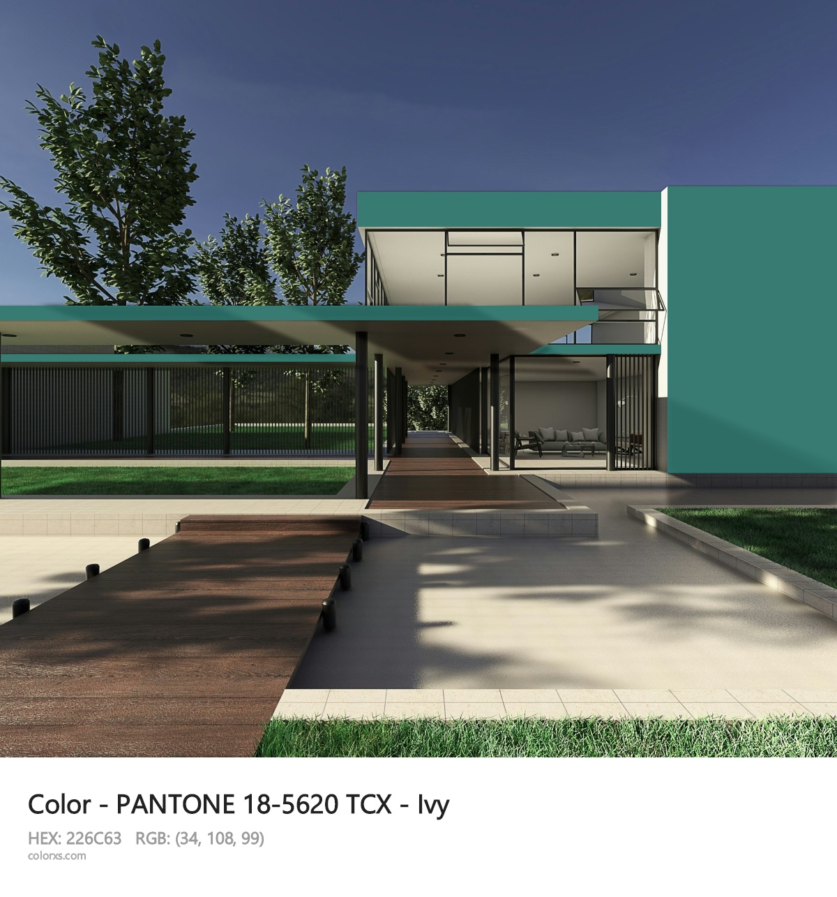 PANTONE 18-5620 TCX - Ivy CMS exterior design modern house with walkway