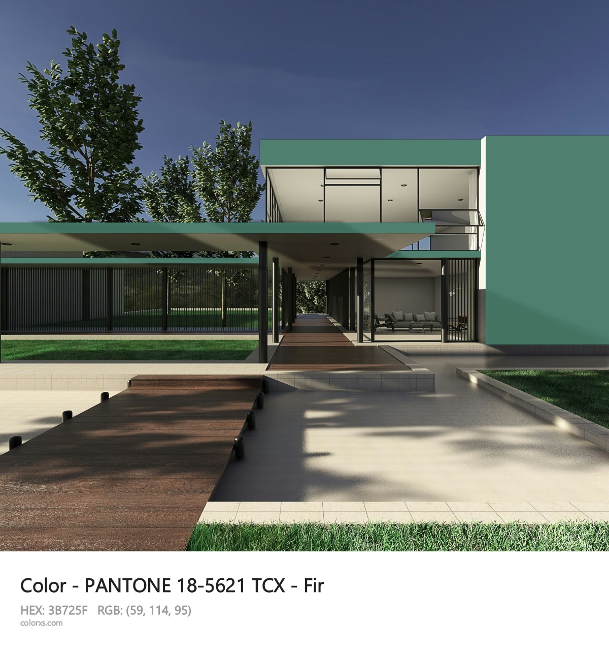 PANTONE 18-5621 TCX - Fir CMS exterior design modern house with walkway