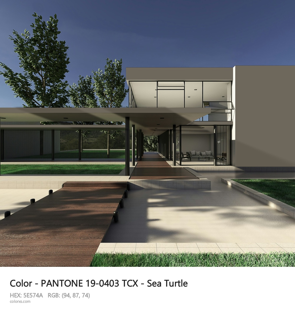 PANTONE 19-0403 TCX - Sea Turtle CMS exterior design modern house with walkway