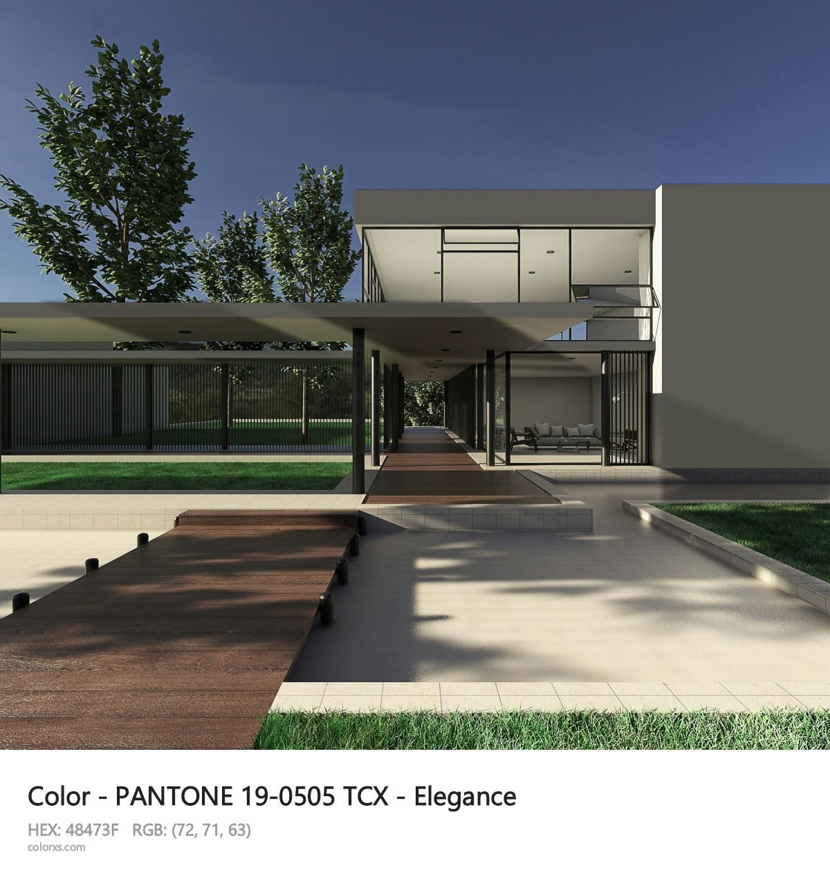 PANTONE 19-0505 TCX - Elegance CMS exterior design modern house with walkway