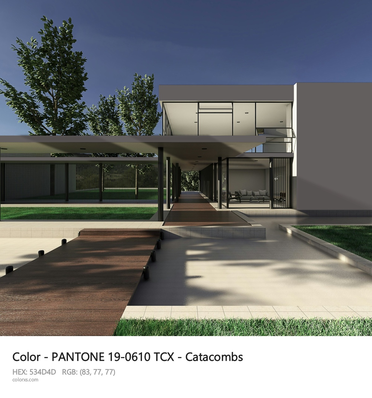 PANTONE 19-0610 TCX - Catacombs CMS exterior design modern house with walkway