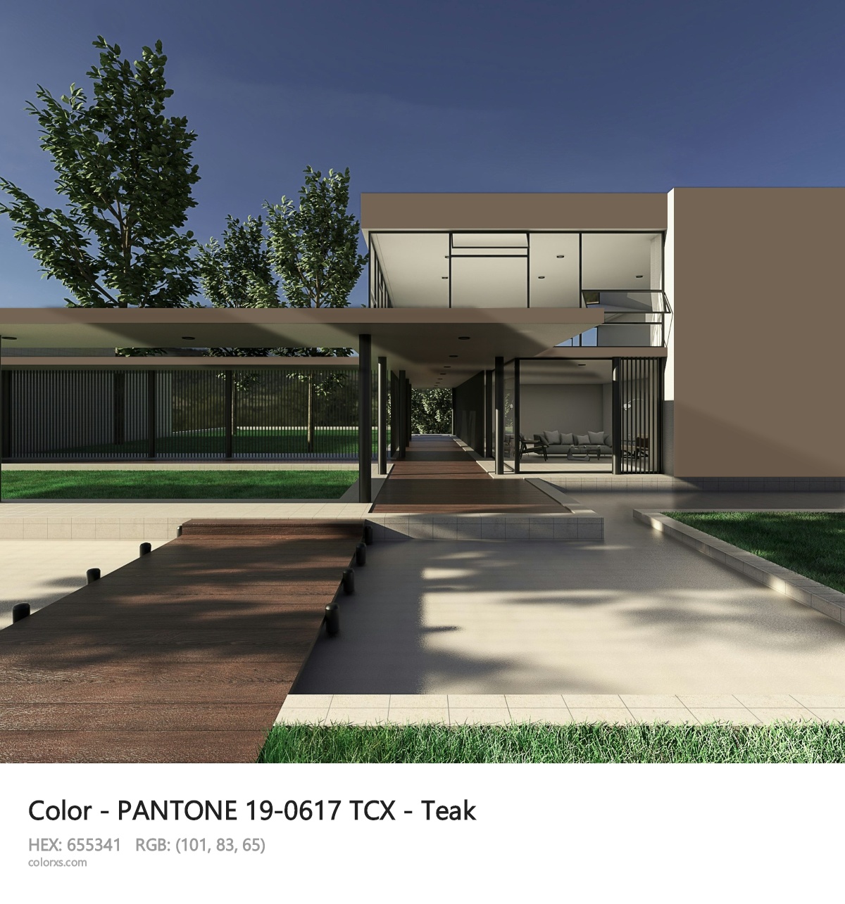 PANTONE 19-0617 TCX - Teak CMS exterior design modern house with walkway