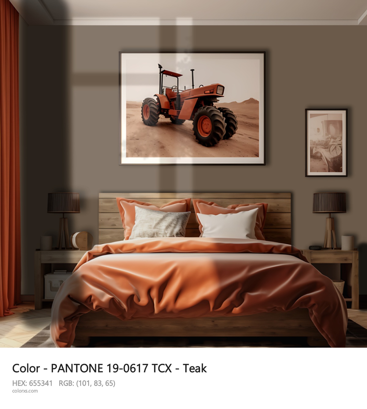 PANTONE 19-0617 TCX - Teak CMS vintage style bedroom interior