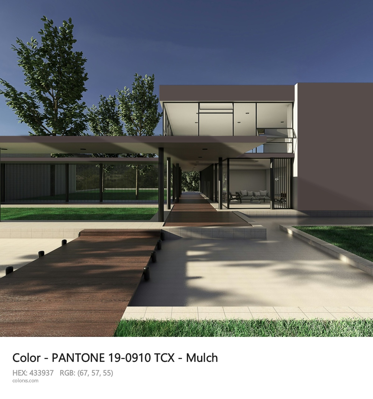 PANTONE 19-0910 TCX - Mulch CMS exterior design modern house with walkway