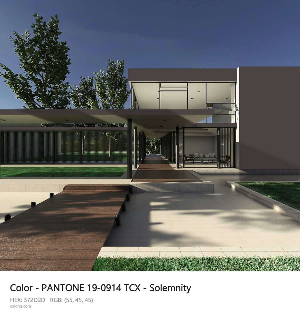 PANTONE 19-0914 TCX - Solemnity CMS exterior design modern house with walkway