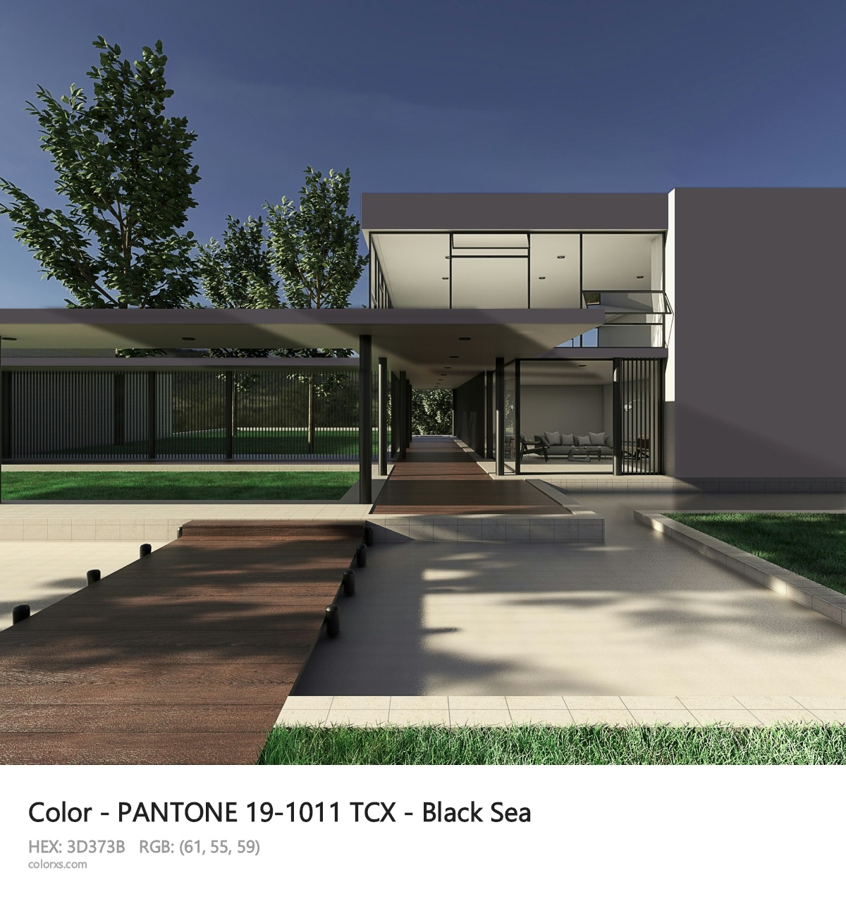 PANTONE 19-1011 TCX - Black Sea CMS exterior design modern house with walkway