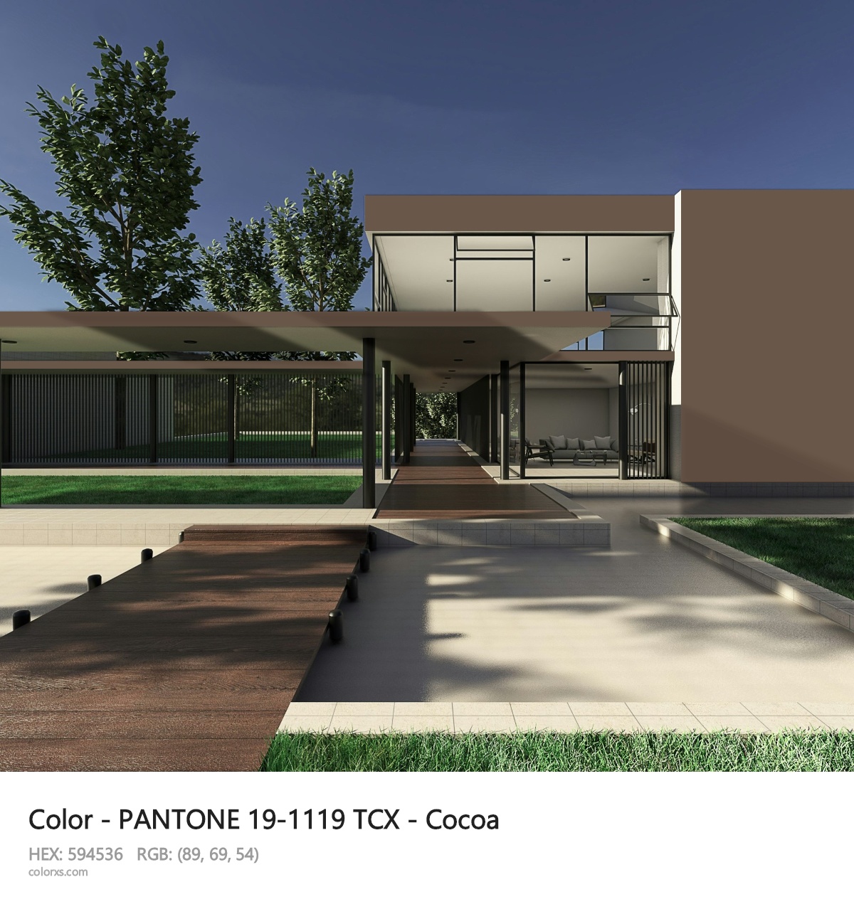 PANTONE 19-1119 TCX - Cocoa CMS exterior design modern house with walkway