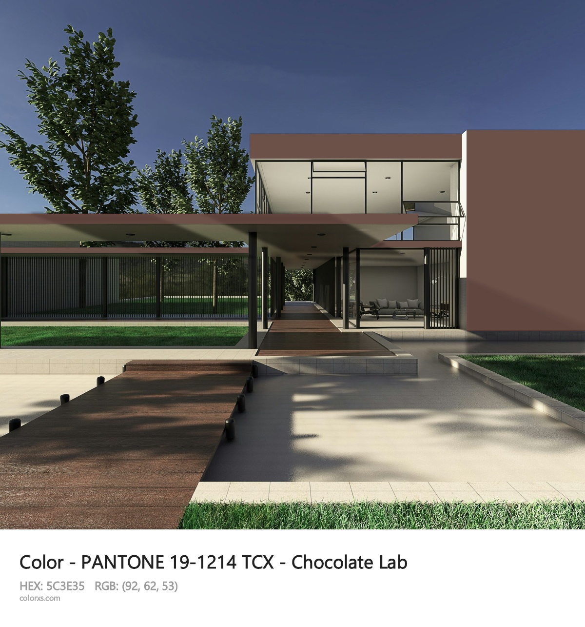 PANTONE 19-1214 TCX - Chocolate Lab CMS exterior design modern house with walkway