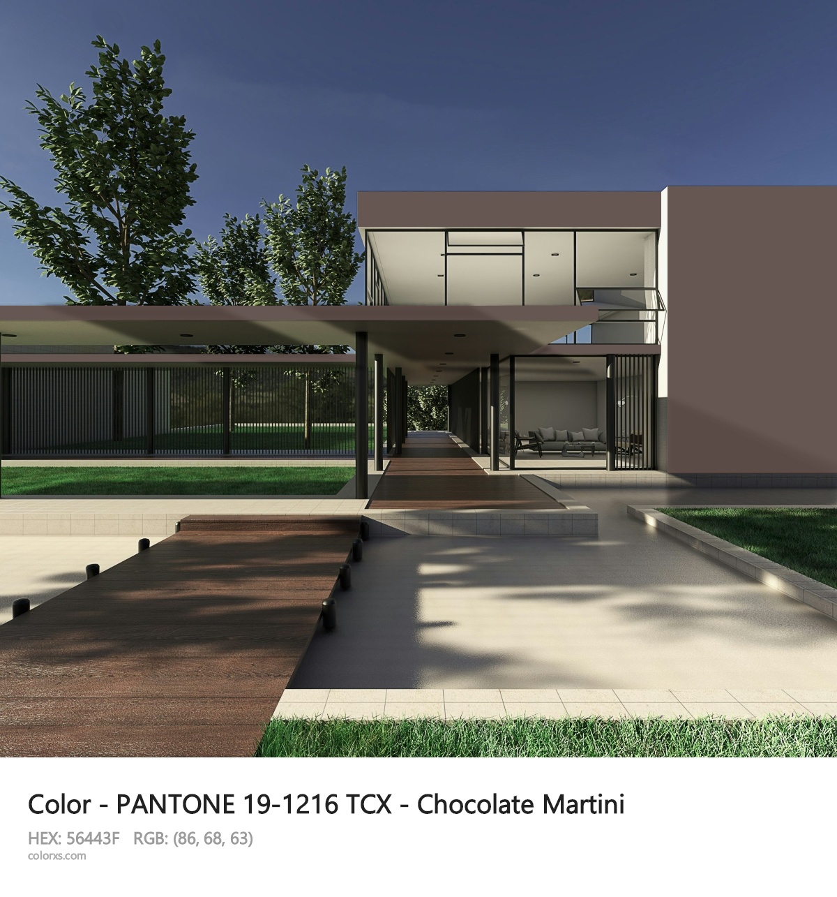 PANTONE 19-1216 TCX - Chocolate Martini CMS exterior design modern house with walkway