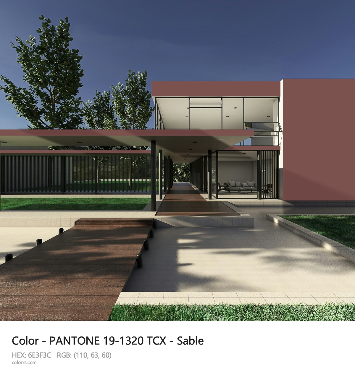 PANTONE 19-1320 TCX - Sable CMS exterior design modern house with walkway