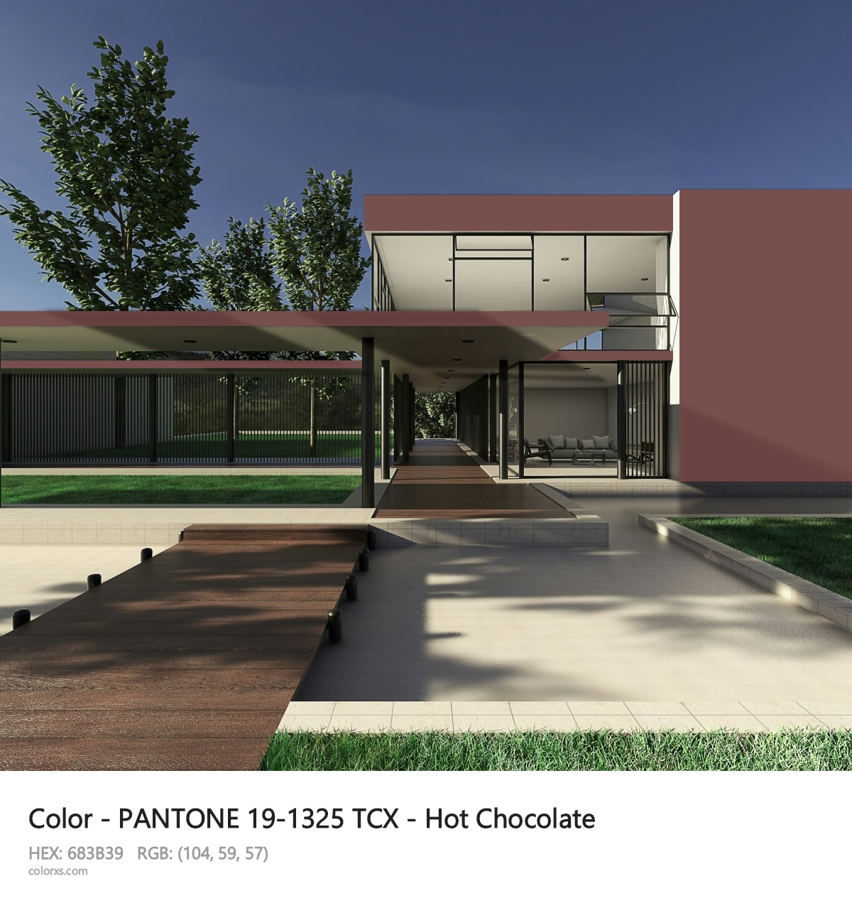 PANTONE 19-1325 TCX - Hot Chocolate CMS exterior design modern house with walkway
