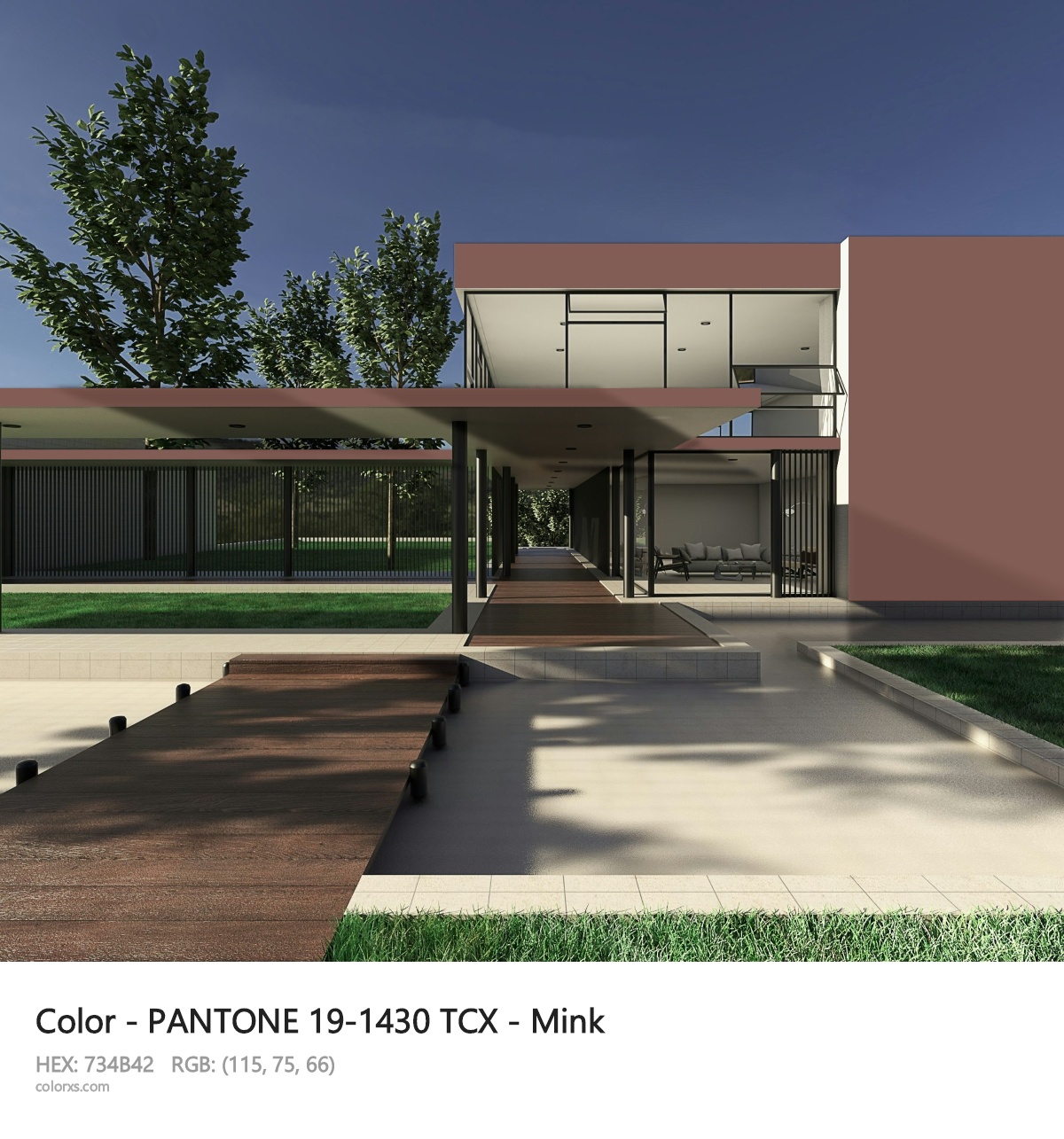 PANTONE 19-1430 TCX - Mink CMS exterior design modern house with walkway