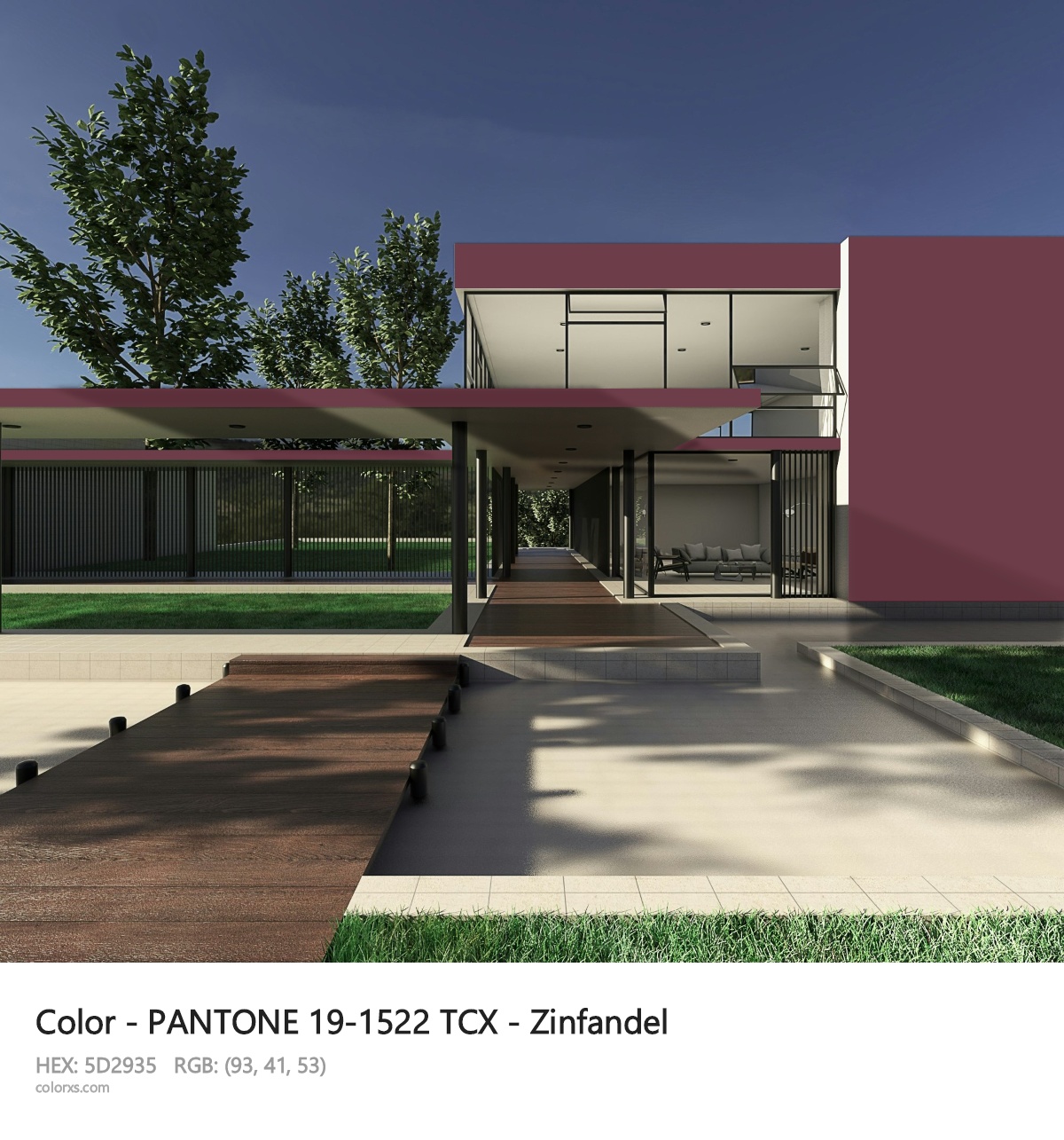 PANTONE 19-1522 TCX - Zinfandel CMS exterior design modern house with walkway