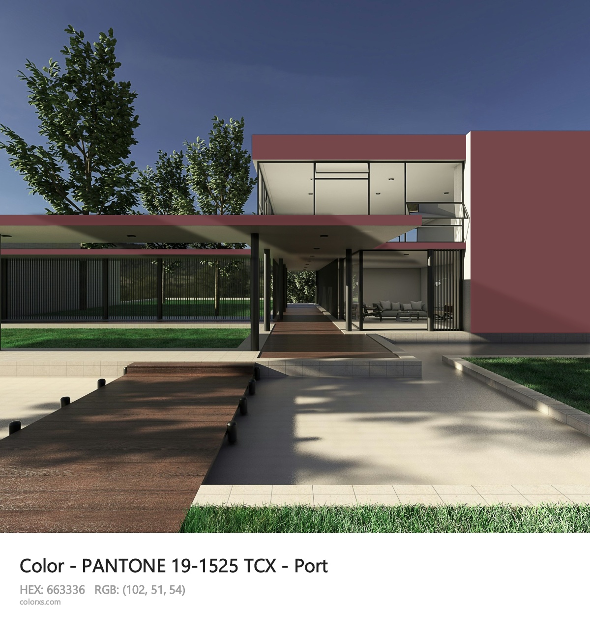 PANTONE 19-1525 TCX - Port CMS exterior design modern house with walkway