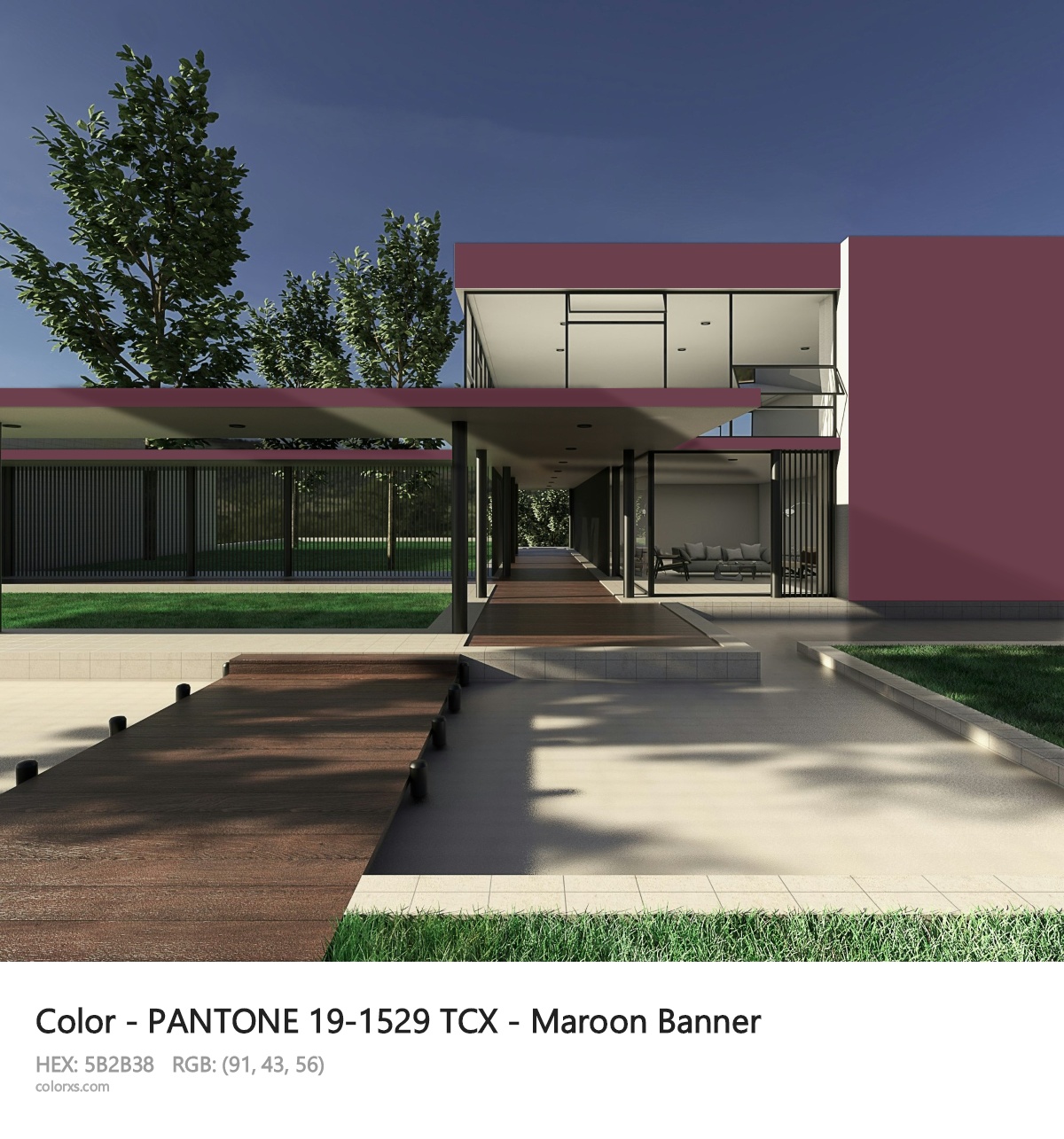 PANTONE 19-1529 TCX - Maroon Banner CMS exterior design modern house with walkway