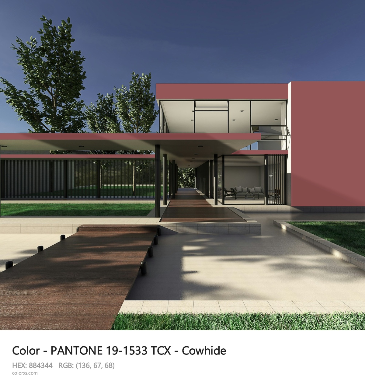 PANTONE 19-1533 TCX - Cowhide CMS exterior design modern house with walkway