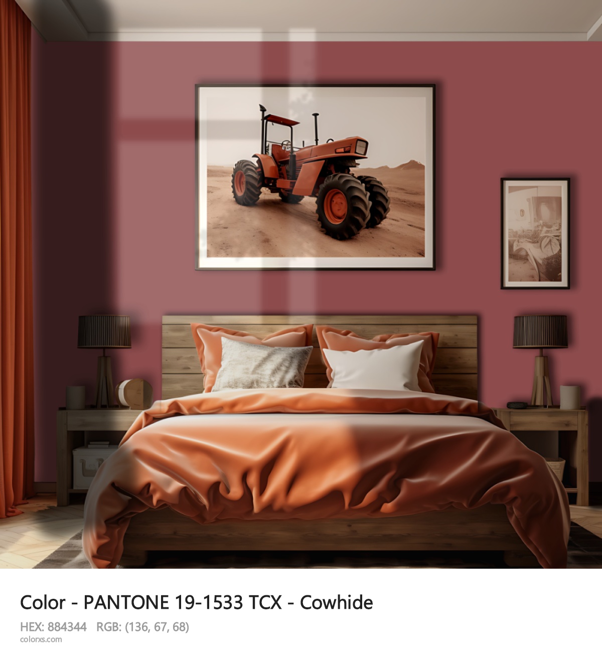 PANTONE 19-1533 TCX - Cowhide CMS vintage style bedroom interior
