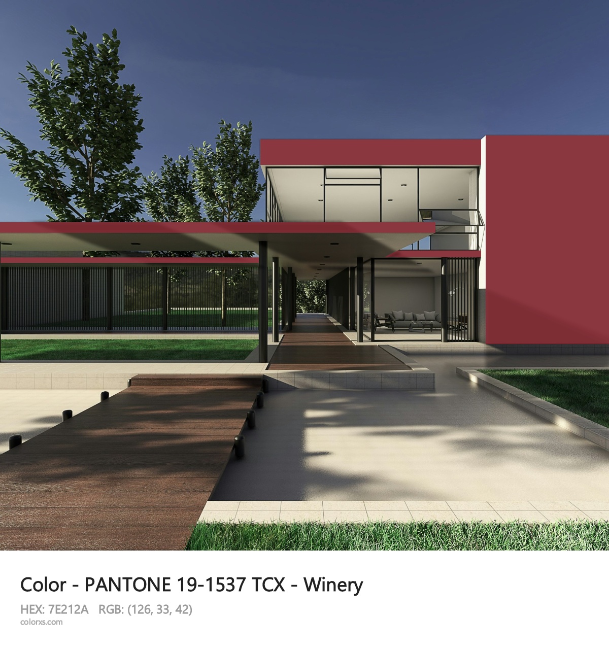 PANTONE 19-1537 TCX - Winery CMS exterior design modern house with walkway