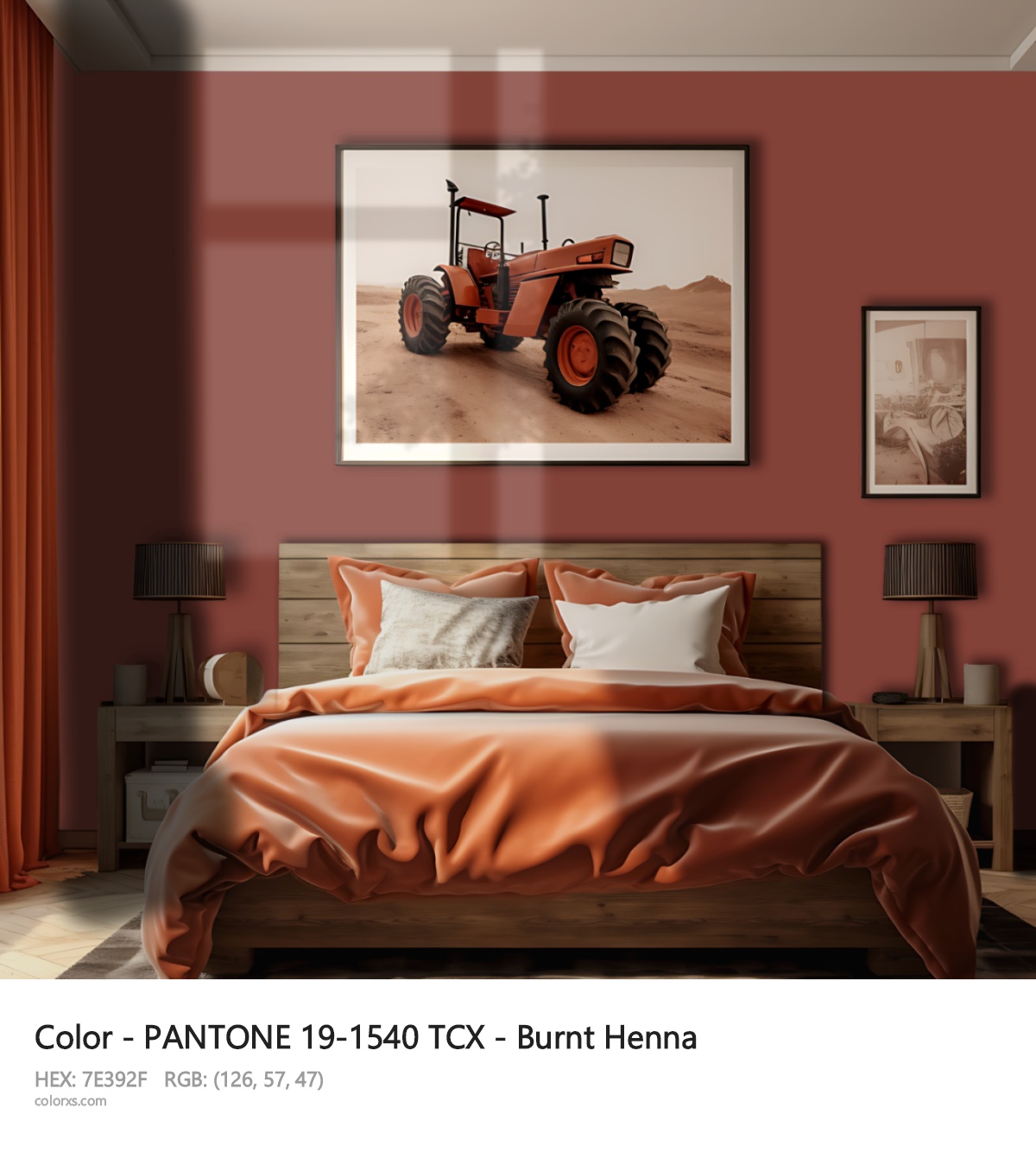 PANTONE 19-1540 TCX - Burnt Henna CMS vintage style bedroom interior