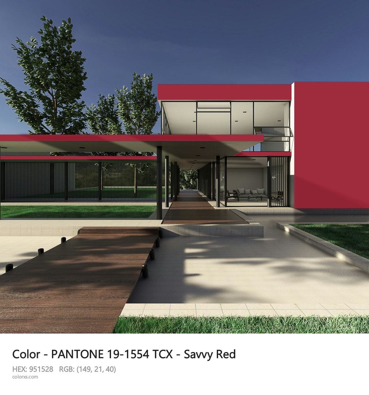 PANTONE 19-1554 TCX - Savvy Red CMS exterior design modern house with walkway
