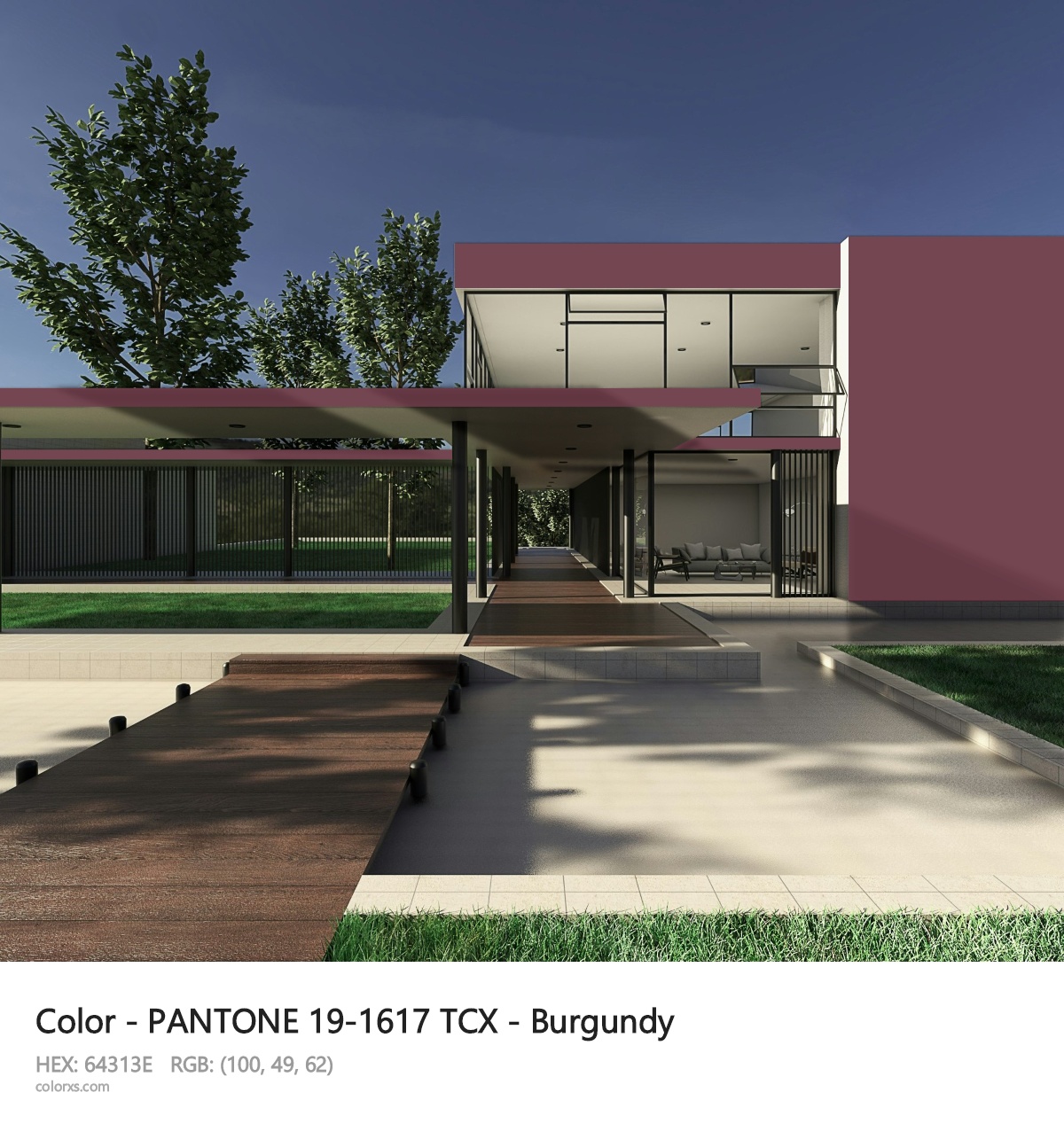 PANTONE 19-1617 TCX - Burgundy CMS exterior design modern house with walkway
