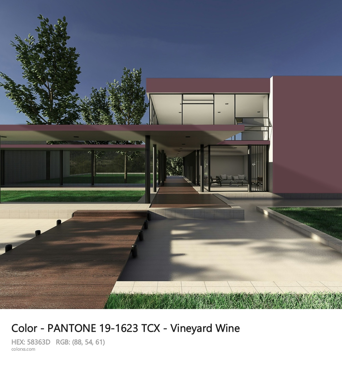 PANTONE 19-1623 TCX - Vineyard Wine CMS exterior design modern house with walkway