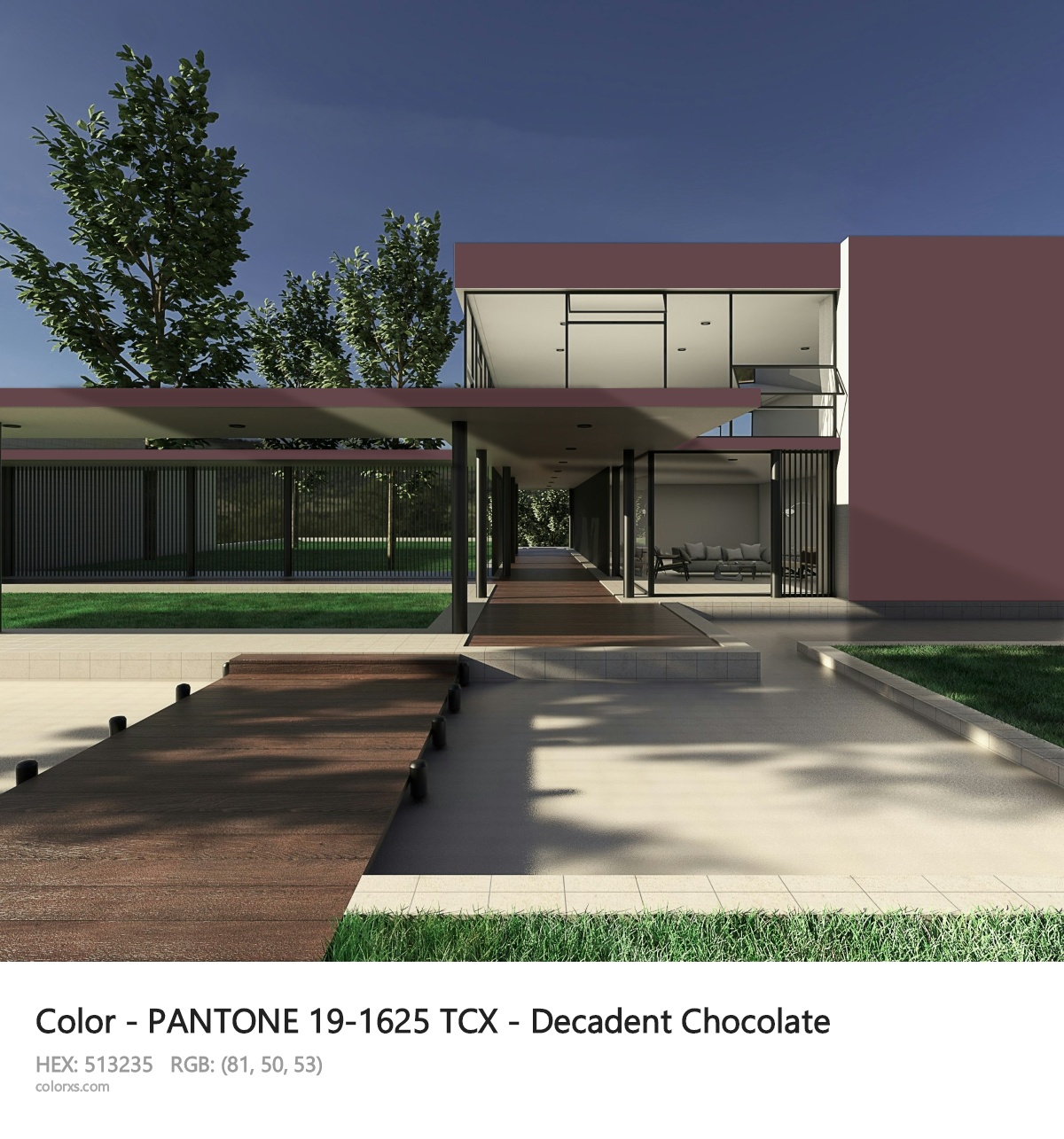 PANTONE 19-1625 TCX - Decadent Chocolate CMS exterior design modern house with walkway