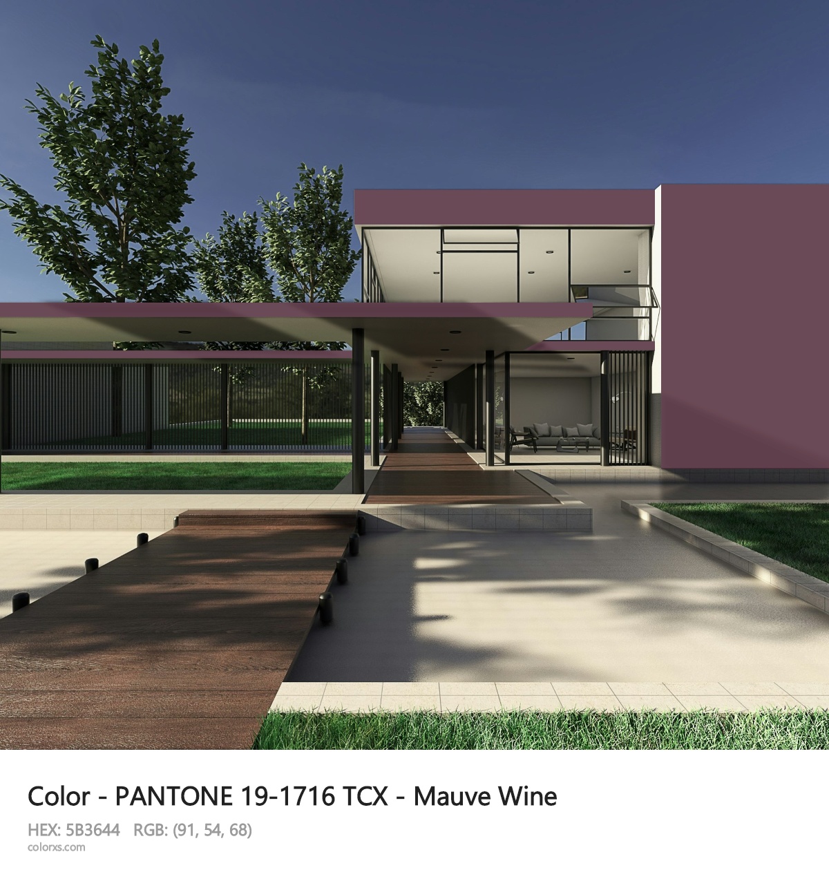 PANTONE 19-1716 TCX - Mauve Wine CMS exterior design modern house with walkway