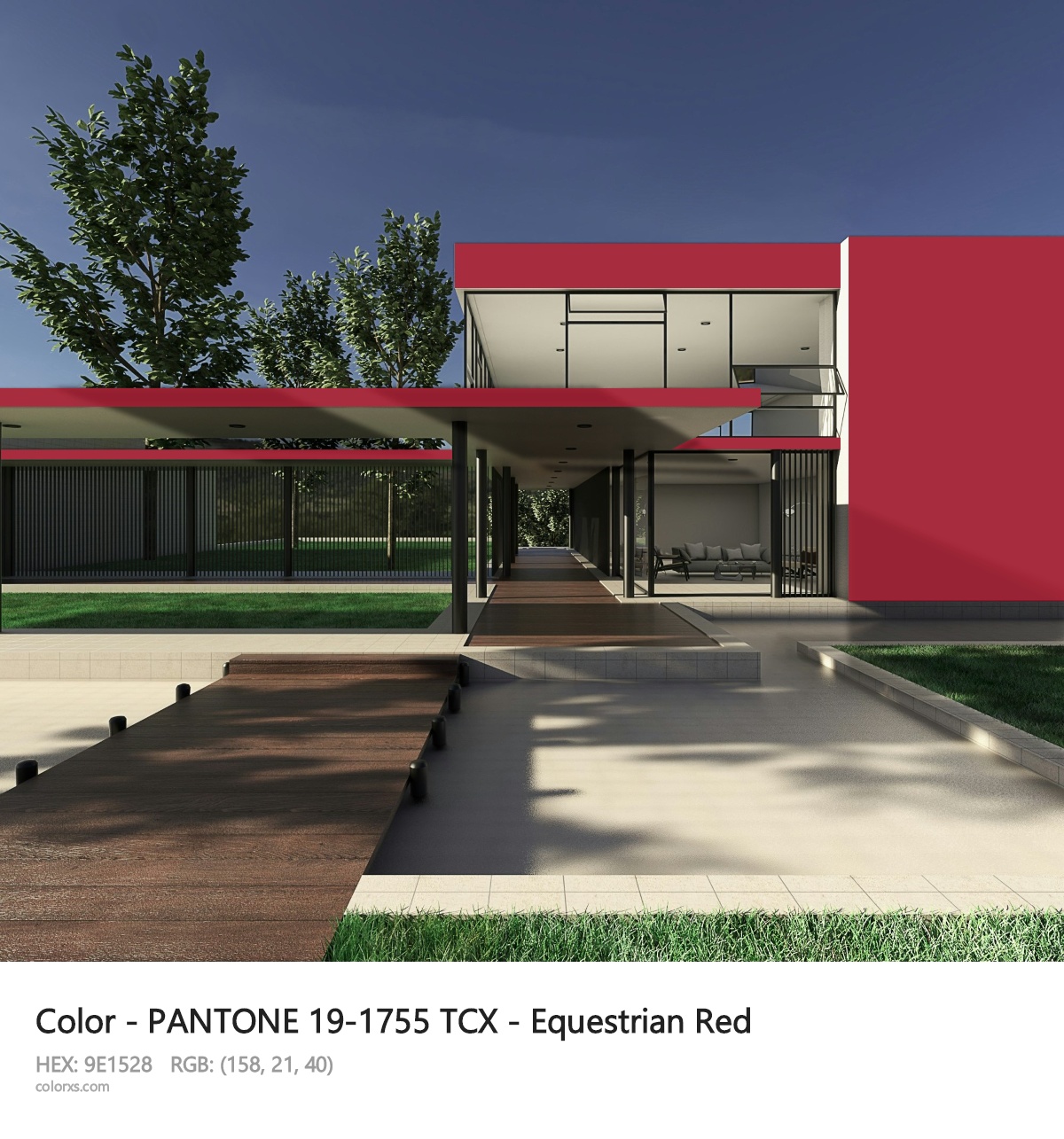 PANTONE 19-1755 TCX - Equestrian Red CMS exterior design modern house with walkway