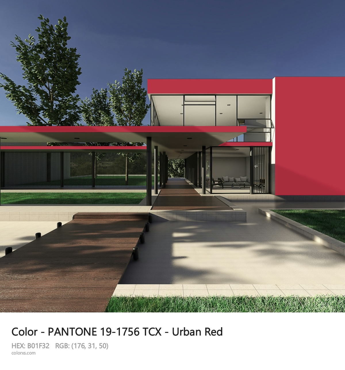 PANTONE 19-1756 TCX - Urban Red CMS exterior design modern house with walkway