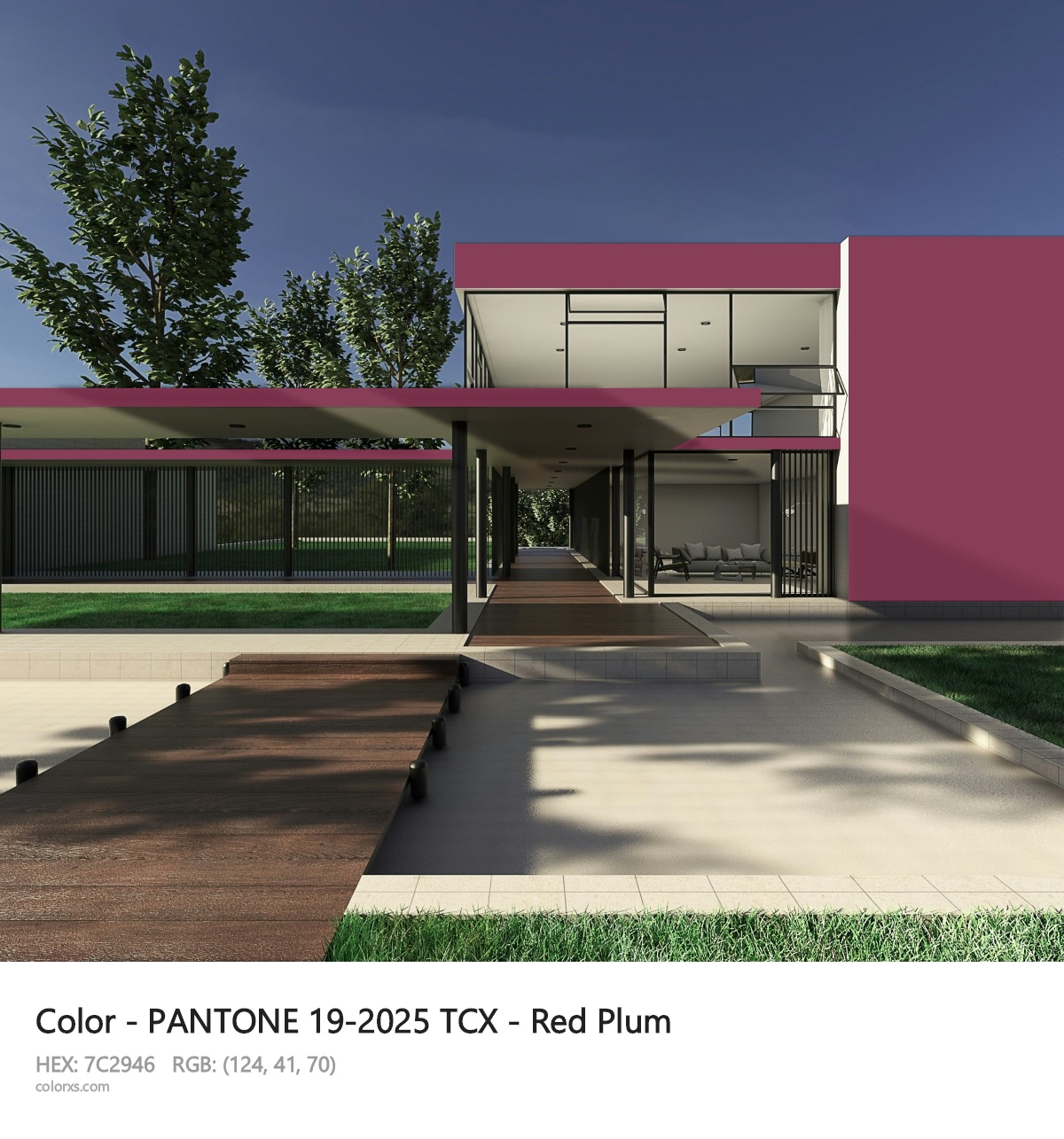 PANTONE 19-2025 TCX - Red Plum CMS exterior design modern house with walkway