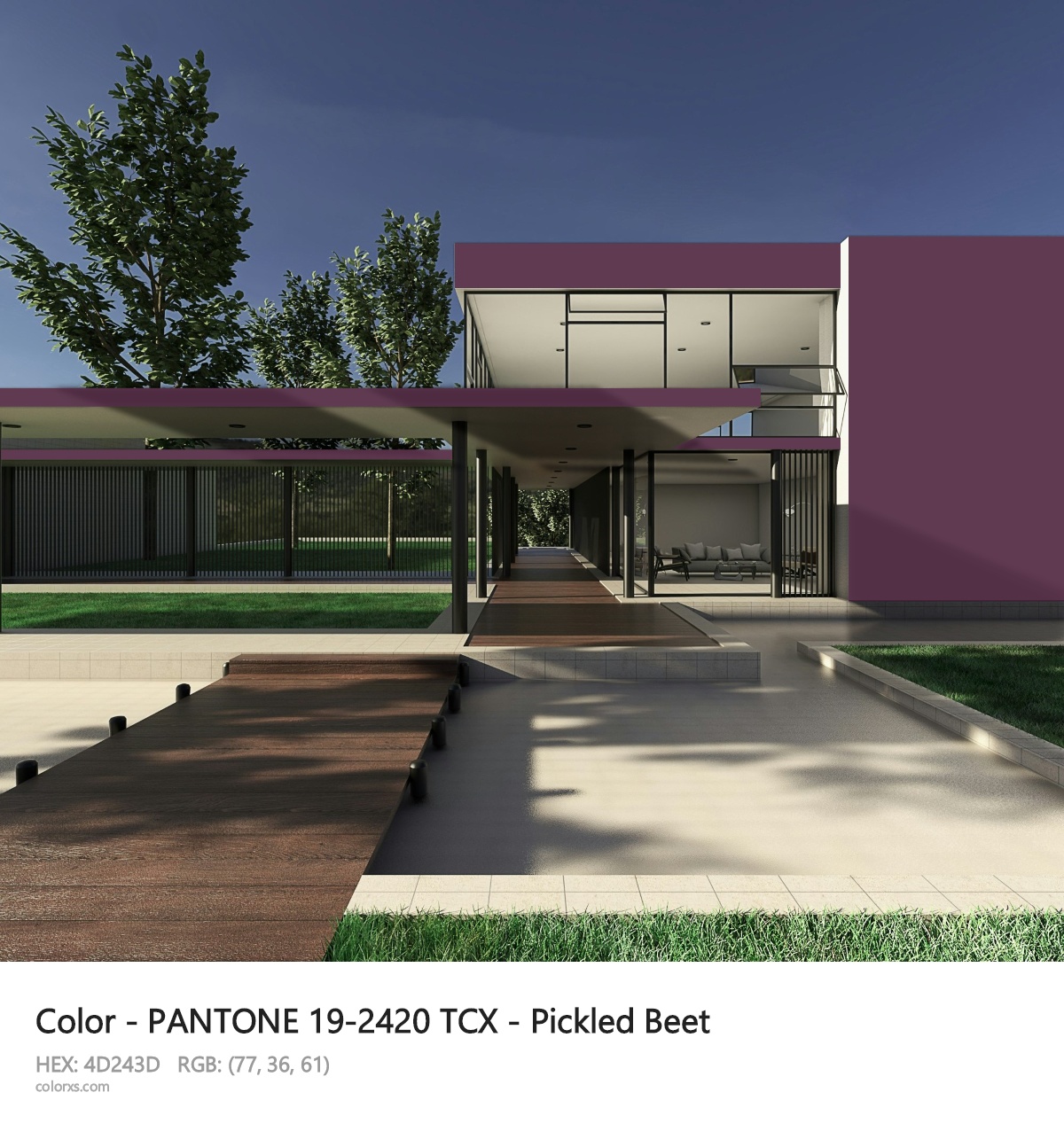 PANTONE 19-2420 TCX - Pickled Beet CMS exterior design modern house with walkway