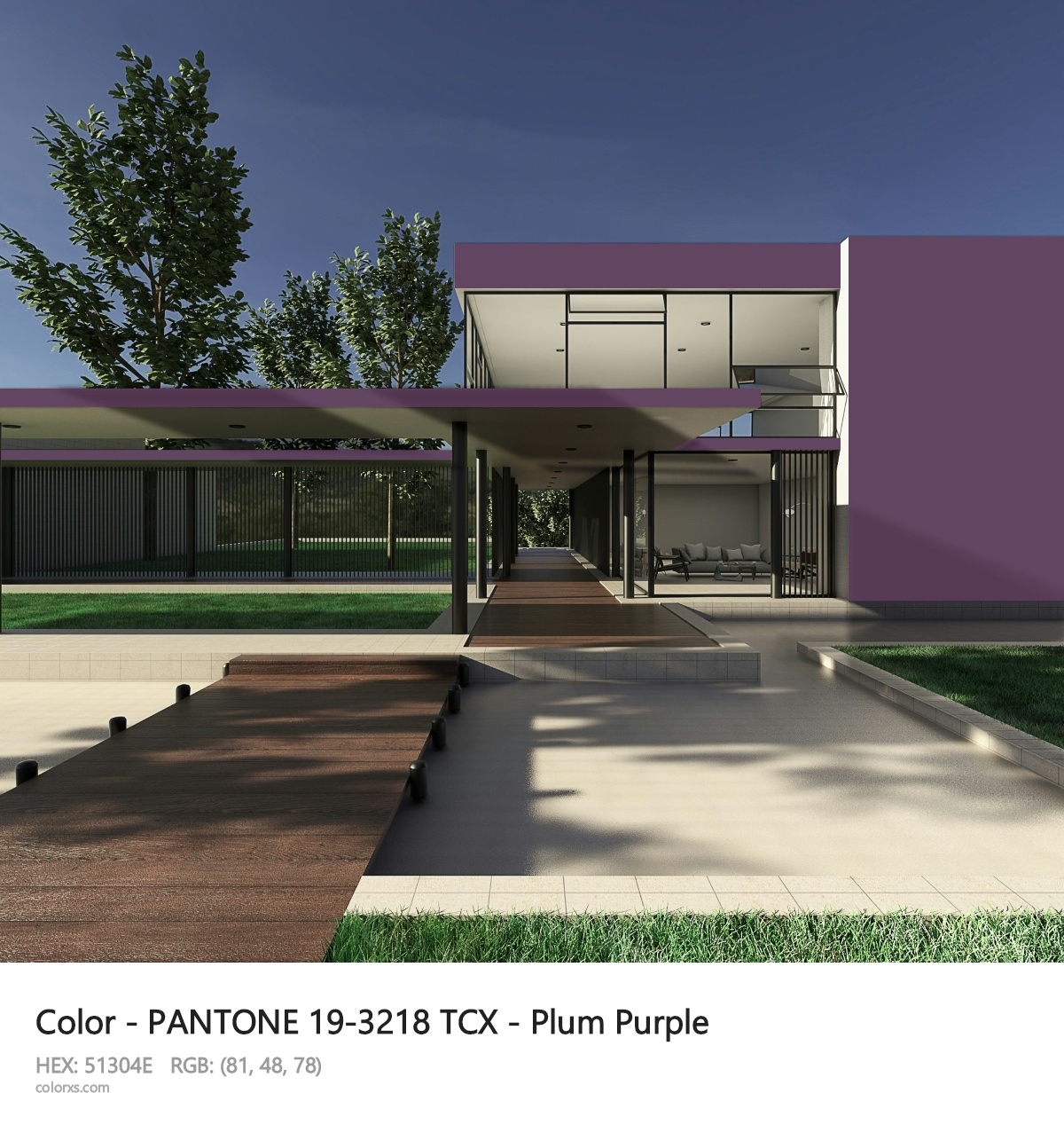 PANTONE 19-3218 TCX - Plum Purple CMS exterior design modern house with walkway