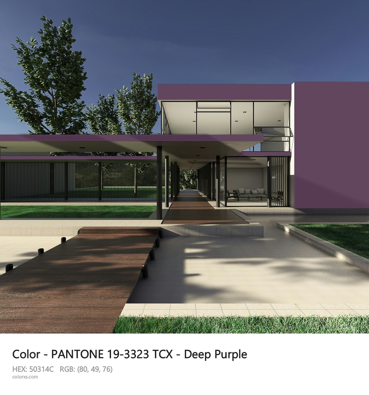 PANTONE 19-3323 TCX - Deep Purple CMS exterior design modern house with walkway