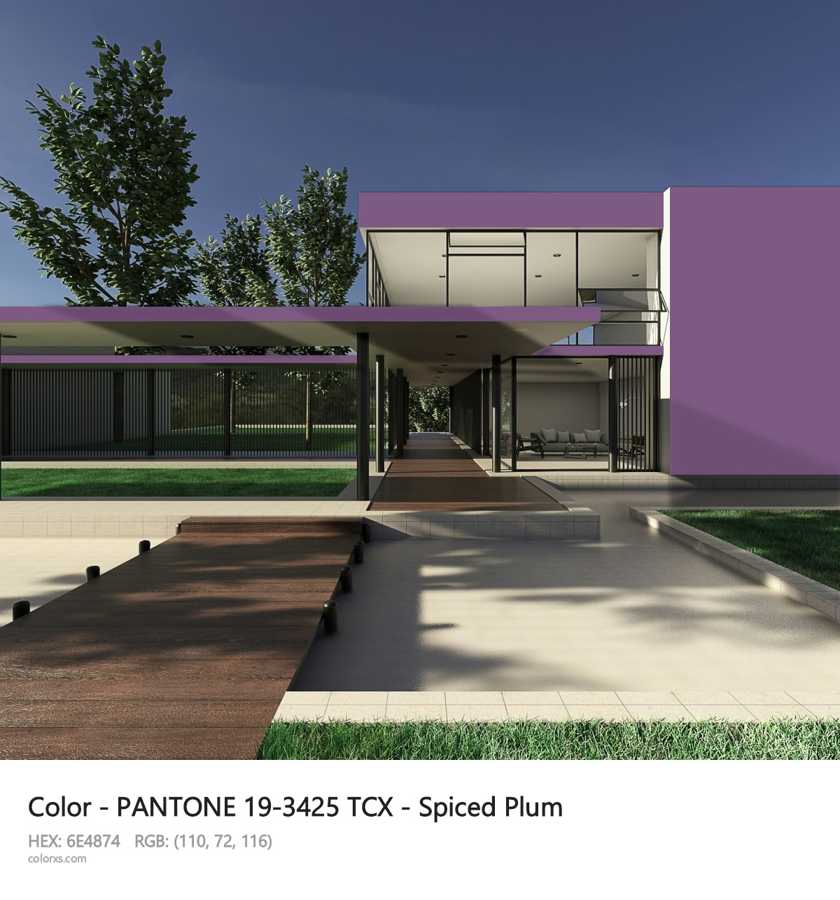 PANTONE 19-3425 TCX - Spiced Plum CMS exterior design modern house with walkway