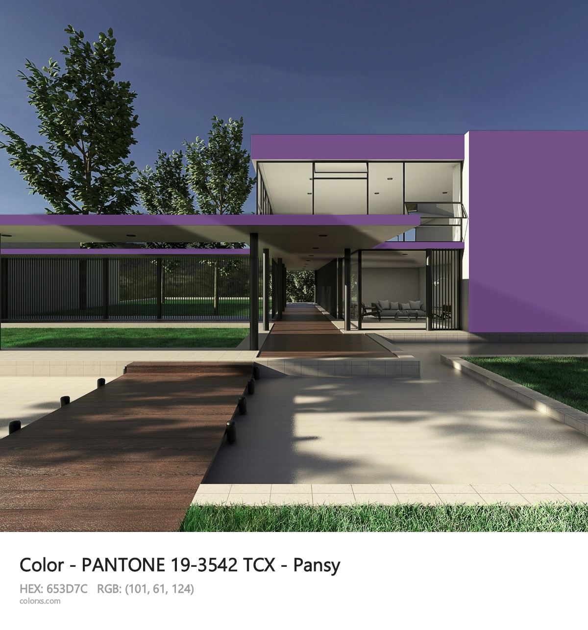 PANTONE 19-3542 TCX - Pansy CMS exterior design modern house with walkway