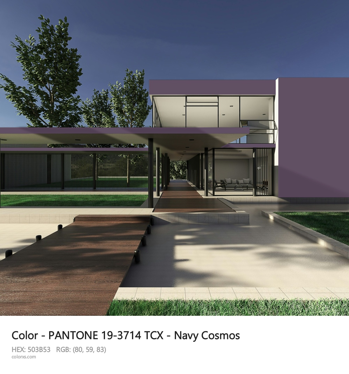 PANTONE 19-3714 TCX - Navy Cosmos CMS exterior design modern house with walkway