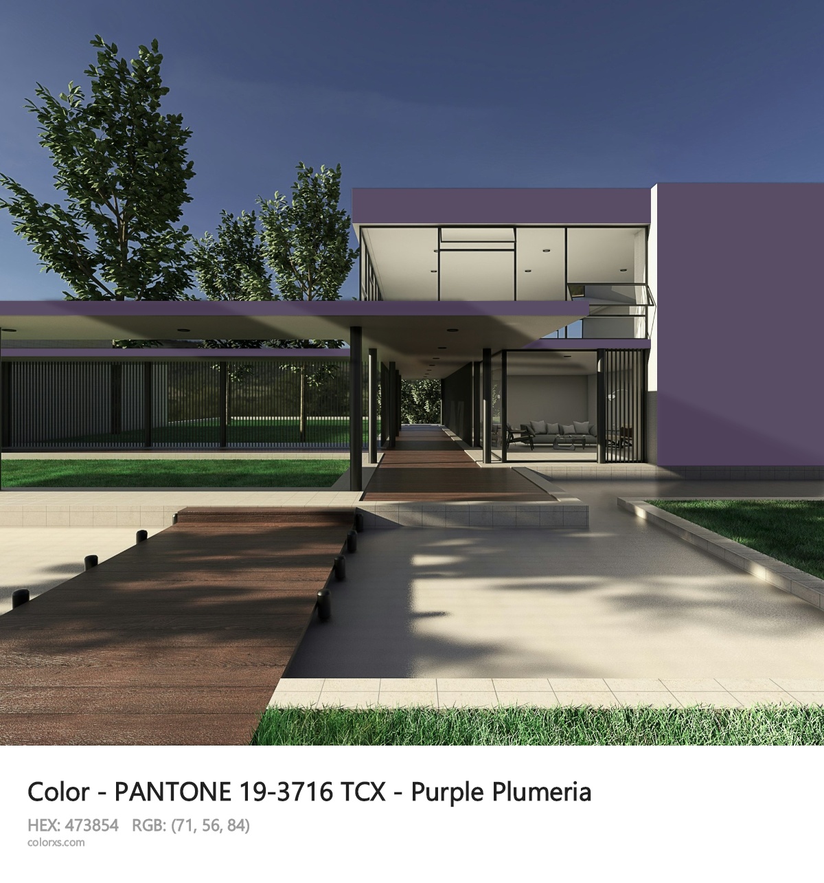 PANTONE 19-3716 TCX - Purple Plumeria CMS exterior design modern house with walkway