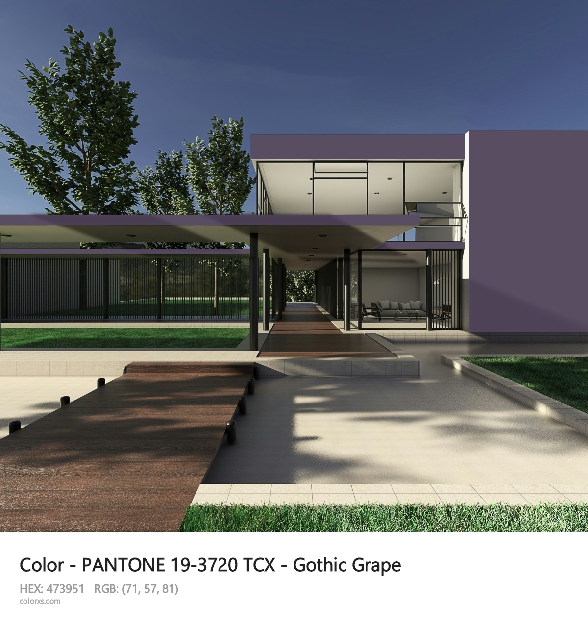 PANTONE 19-3720 TCX - Gothic Grape CMS exterior design modern house with walkway