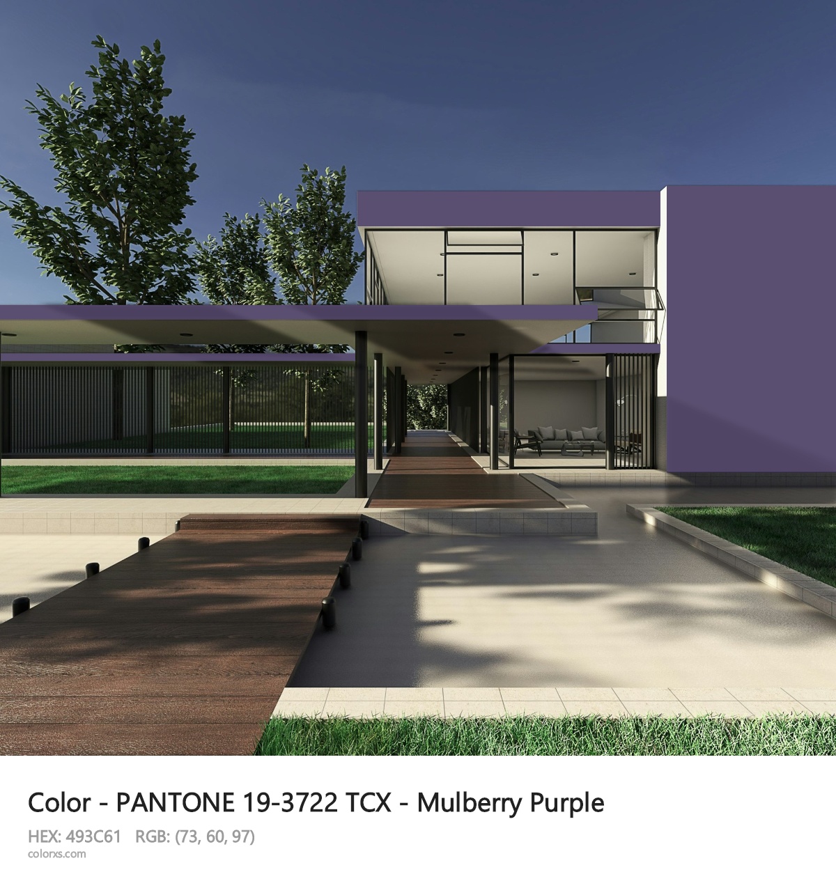 PANTONE 19-3722 TCX - Mulberry Purple CMS exterior design modern house with walkway