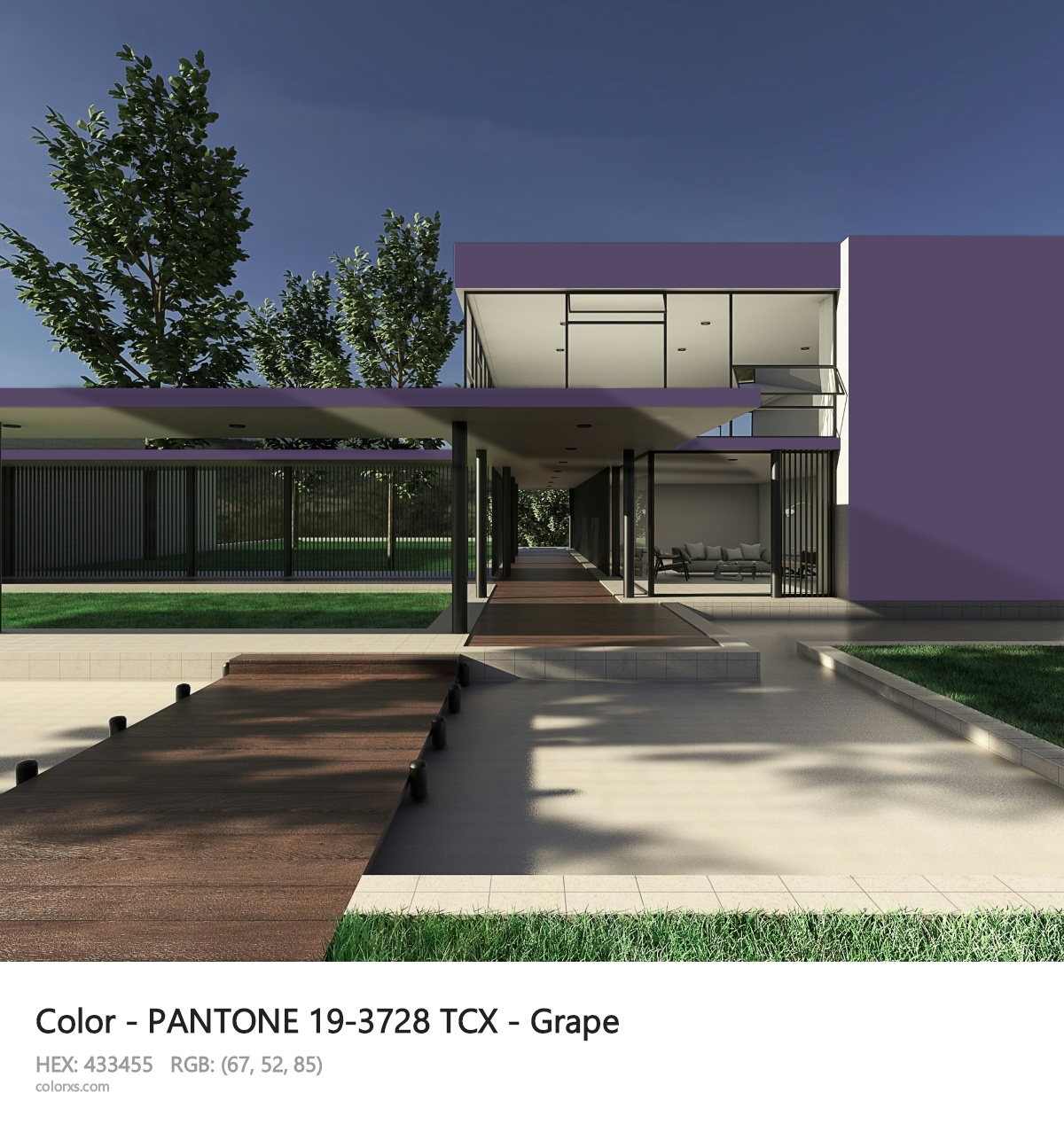 PANTONE 19-3728 TCX - Grape CMS exterior design modern house with walkway