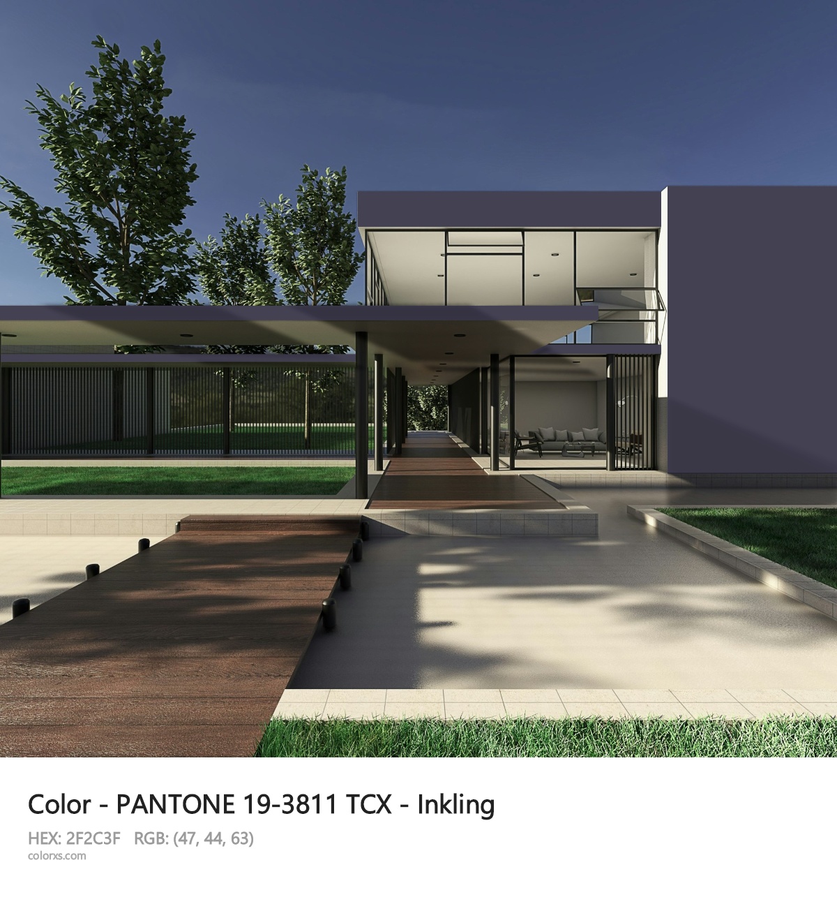 PANTONE 19-3811 TCX - Inkling CMS exterior design modern house with walkway