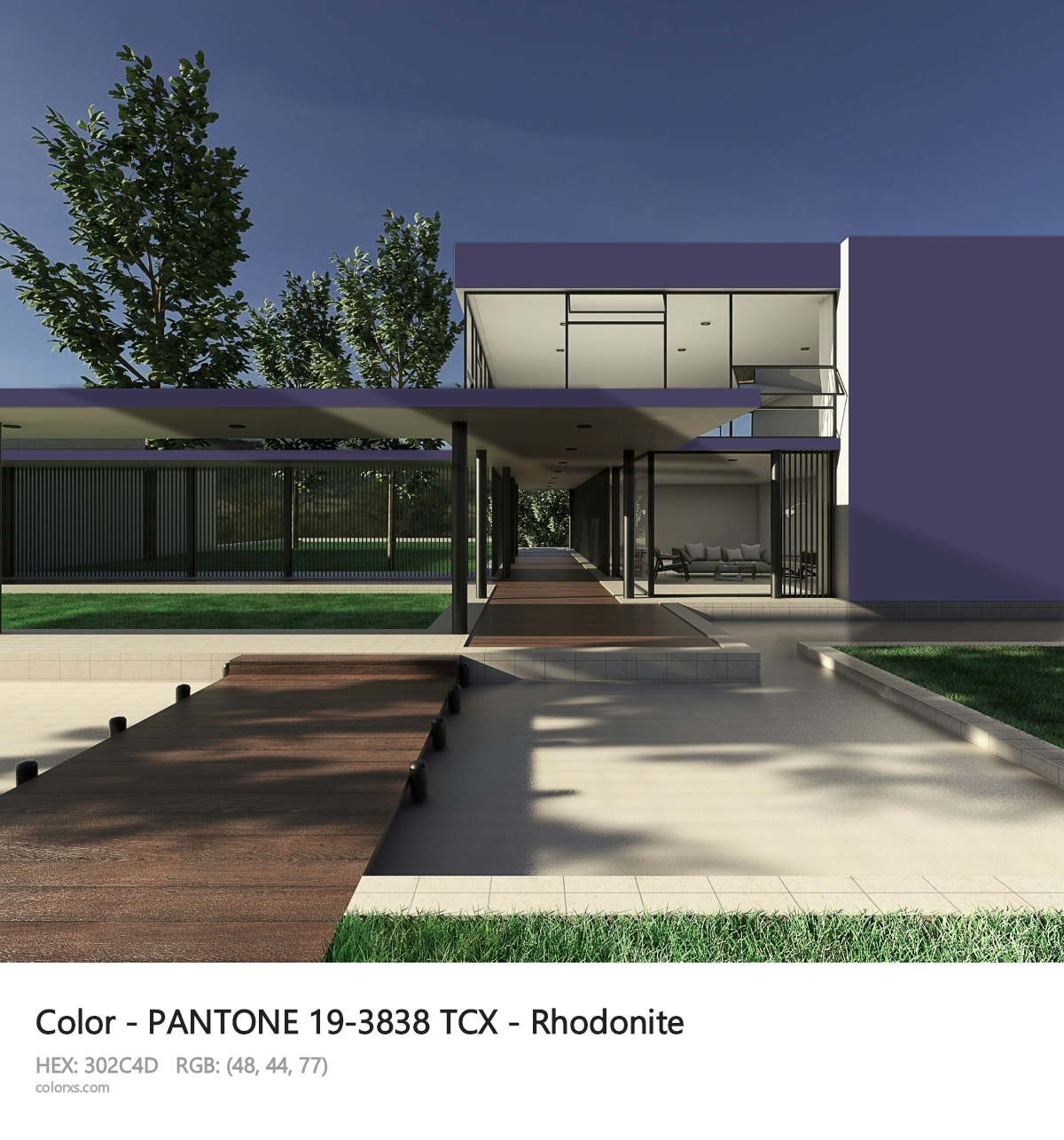 PANTONE 19-3838 TCX - Rhodonite CMS exterior design modern house with walkway