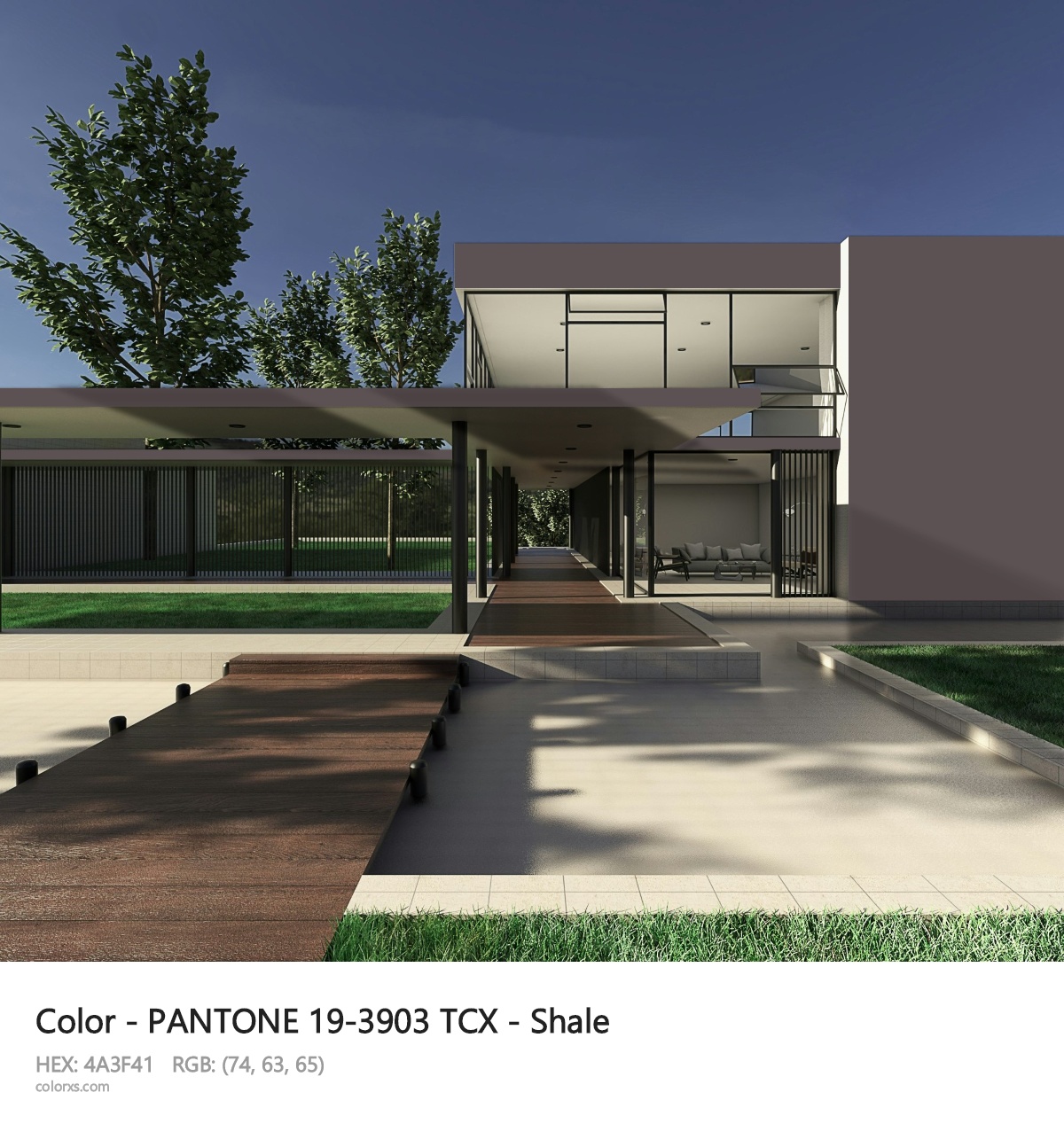 PANTONE 19-3903 TCX - Shale CMS exterior design modern house with walkway